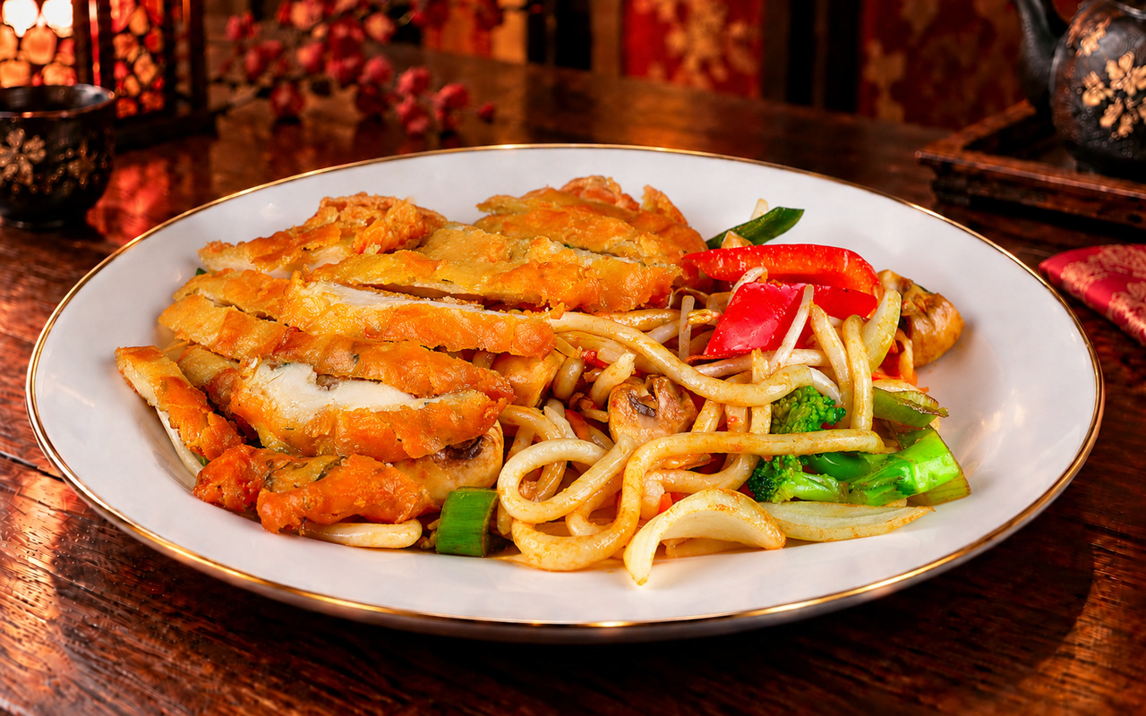 Gebratene Udon-Nudeln mit Ei und knusprigem Hähnchen